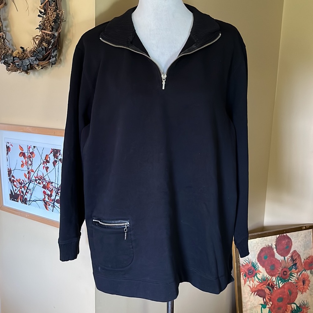 RALPH LAUREN Size 1X Mockneck 1/4 Zip Black & Silver HW Pocket Leather Trim PREP